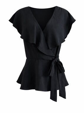 She + Sky Black Ruffle Top Size L NWT Side Tie Snap Front Blouse